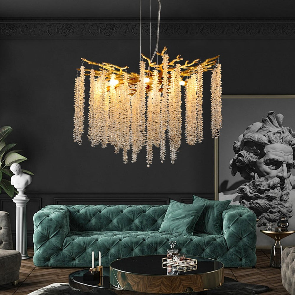 English Elm 24-inch Gold Iron Frame Chandelier with Crystal Strand Waterfall for Dining or Foyer W1340P232978