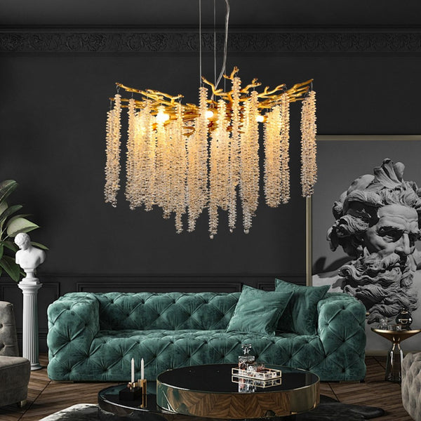 English Elm 24-inch Gold Iron Frame Chandelier with Crystal Strand Waterfall for Dining or Foyer W1340P232978