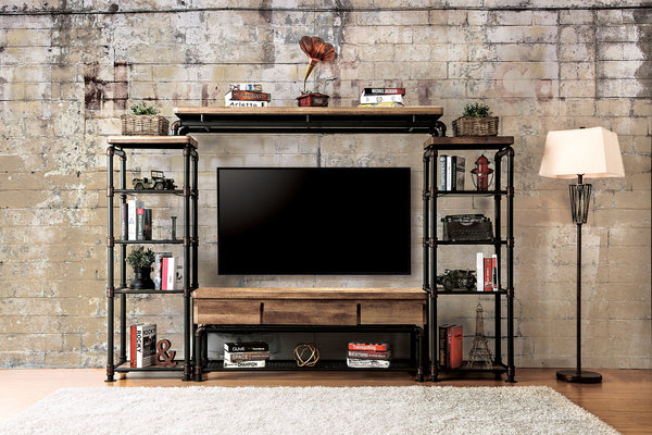 English Elm Industrial 60" TV Console with Pipe Frame, Wire Mesh Shelves, Drawer & Rustic Wood Storage Finish B2741S00473