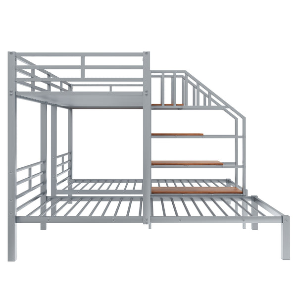 English Elm Metal Triple Bunk Bed Space-Saving Twin over Twin & Twin Design with Staircase Storage Shelves, Durable Metal Frame Silver GX001115AAN