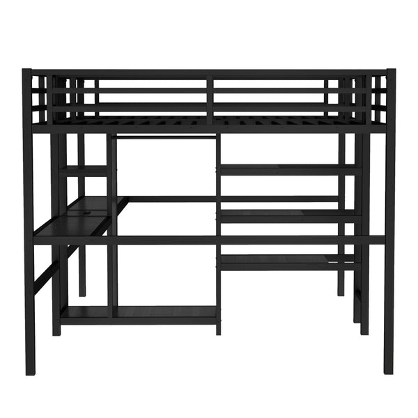 English Elm Twin Metal Loft Bed with Study Desk Wardrobe Shelving and Outlet for Kids Rooms Black W1580S00371