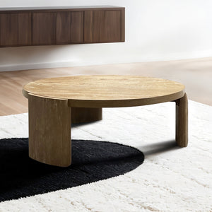 English Elm Modern Round Coffee Table 42" DIA x 15" H Oak Finish Plinth Base Rubberwood Modern Living Accent B2741P360632