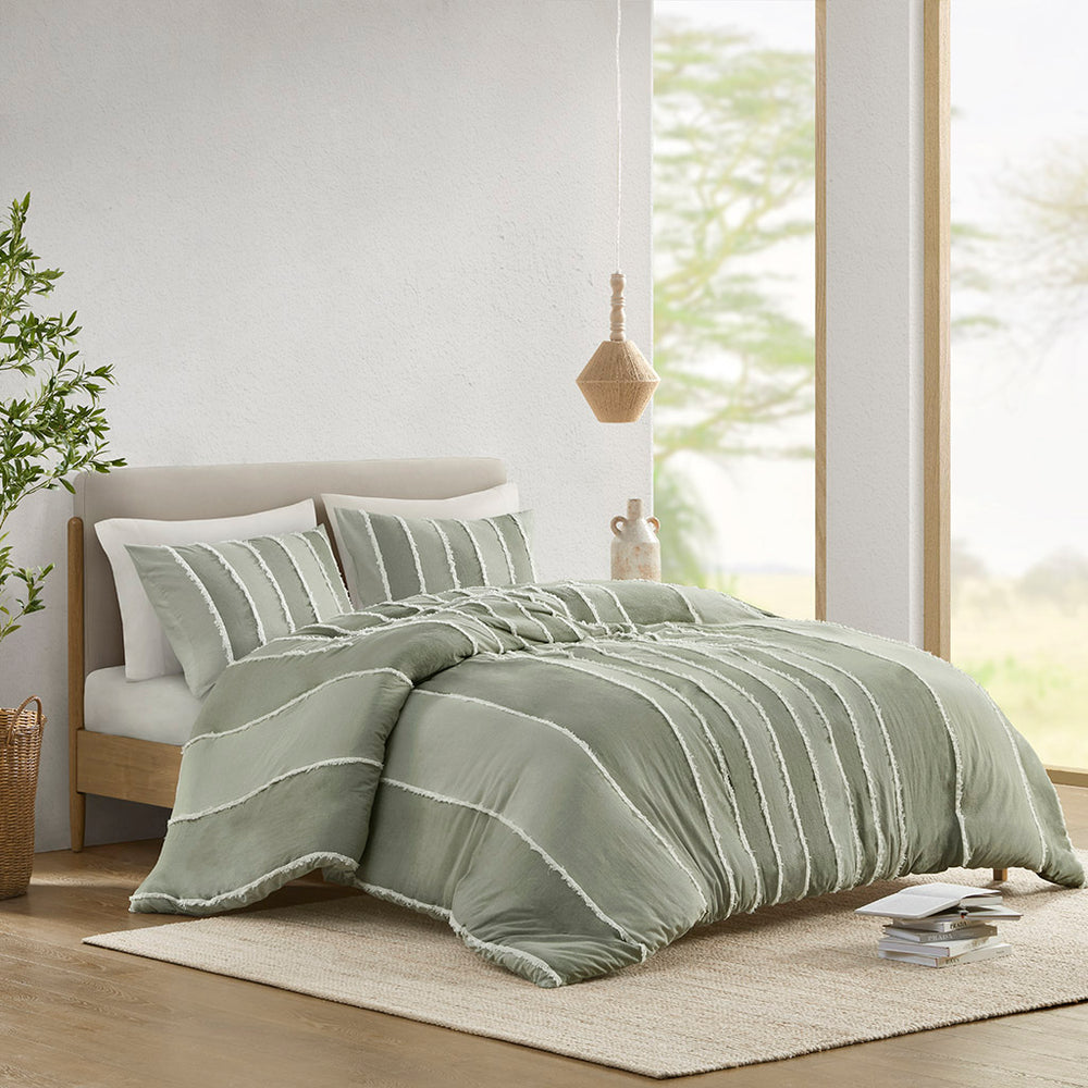 JLA Home INK+IVY - 3 Piece Striped Cotton Duvet Cover Set — Breathable 100% Cotton, OEKO‑TEX Certified, Boho Chic Comfort Sage II12-1323