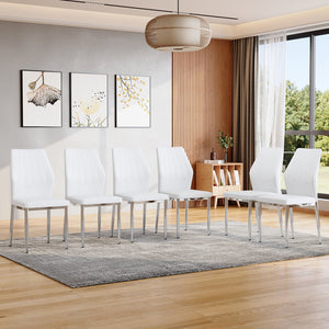 English Elm Set of 6 ergonomic dining chairs with shell-pattern back, 37" height, breathable tech fabric, sturdy metal legs and adjustable anti-slip feet for stable, comfortable seating during meals White+Silver W1151P359610