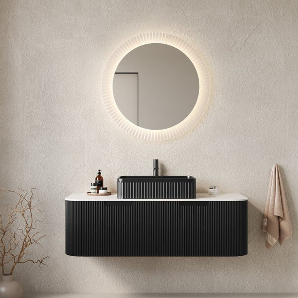 English Elm Dina Floating Bathroom Vanity with Crystal Glass Basin and Sintered Stone Top Black,Carrara White W2615S00185