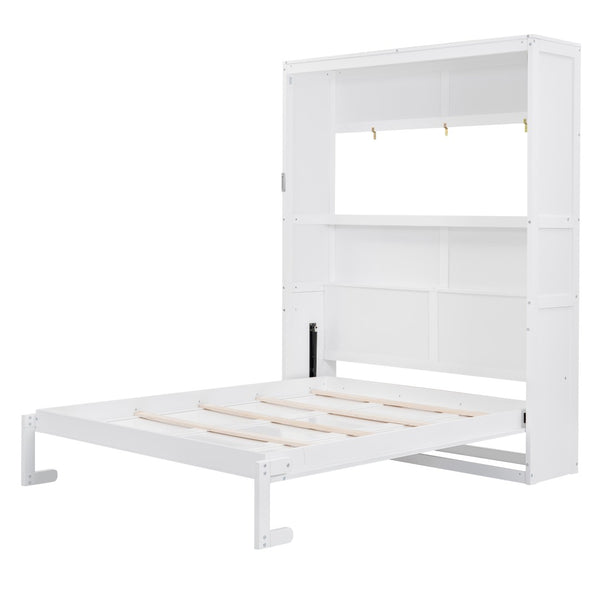 English Elm Queen Murphy Wall Bed with Integrated Shelving Foldable Mdf Cabinet for Guest Rooms White LP000693AAK-3