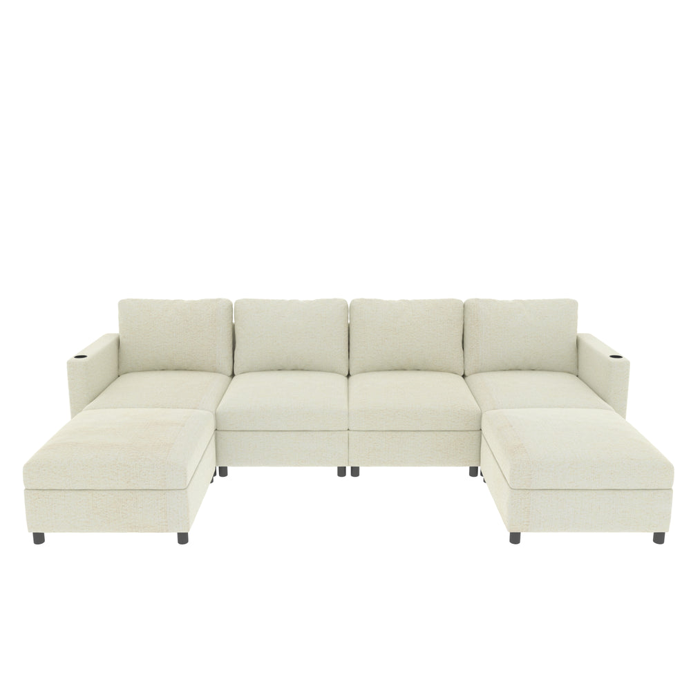 English Elm Modern Large Sectional Sofa U-Shaped 123" Modular Sofa Bed with Ottoman Storage, Plush Chenille Comfort Antique White W680S00010