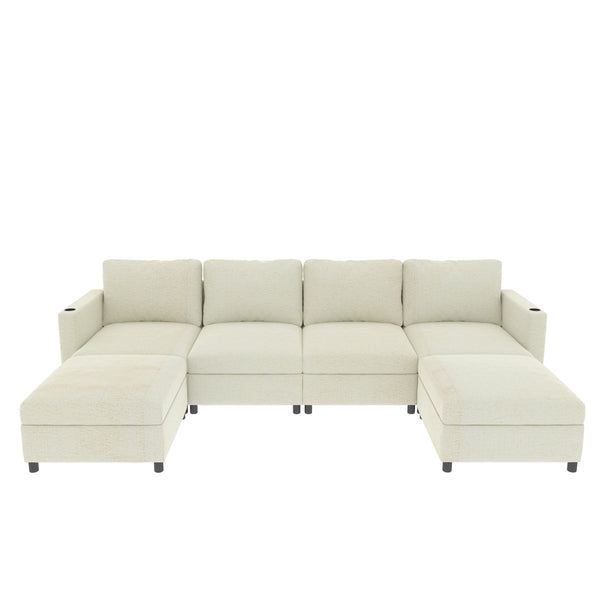 English Elm Modern Large Sectional Sofa U-Shaped 123" Modular Sofa Bed with Ottoman Storage, Plush Chenille Comfort Antique White W680S00010