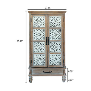 English Elm 55.12'' Tall Tower Storage Cabinet Natural+White Rustic Distressed Sideboard Pantry with Drawer and Black Metal Pulls W2295P246674