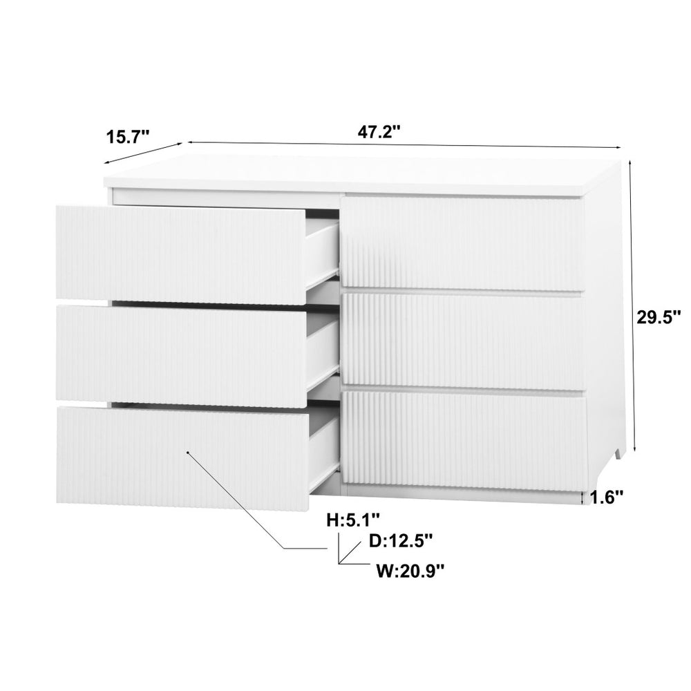 English Elm Modern Six Drawer Dresser with Wave Panel Fronts Handleless Design for Bedroom White W409P371358