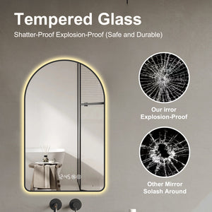 English Elm 32"x60"Arched LED Mirror with Time & Temp Display, Anti-Fog Defog, Dimmable 3-Color Light, Black Frame W2709P329053