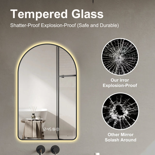 English Elm 32"x60"Arched LED Mirror with Time & Temp Display, Anti-Fog Defog, Dimmable 3-Color Light, Black Frame W2709P329053