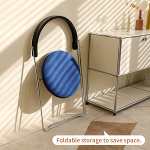 English Elm Folding mid-century modern cantilever dining chair with chrome frame, wooden back and upholstered seat Blue W2105P250641