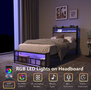 English Elm Twin Bed Frames with Storage Headboard, Built-In USB/Type-C Charging, LED Light, Space-Saving Design Black+ Gray W2129P314786