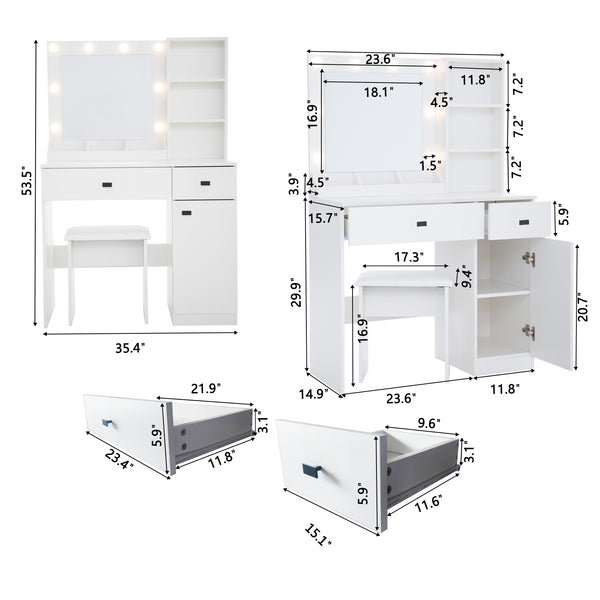 English Elm Vanity LED Makeup Desk with 3-Mode Mirror, Adjustable Brightness, Large Drawers & Shelves White W2139P194436