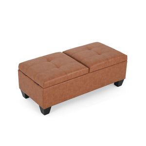 English Elm Christopher Knight Home® - LANISTER Storage Ottoman DBL TOP - Brown/Tan PU Leather, Sturdy Wood Frame, Cushioned Seating & Hidden Storage (47x22x18.25) N757P263031T