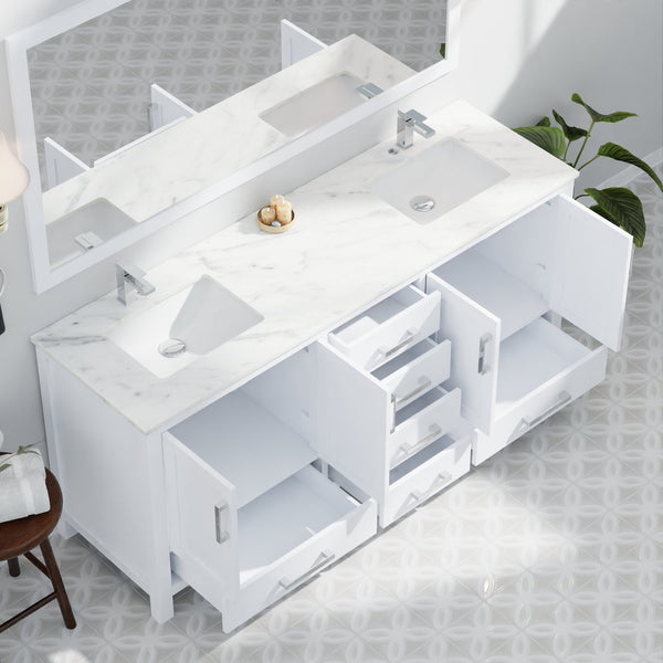 English Elm White 72 in. Double Bath Vanity with Carrara Marble Top, Soft-Close Drawers, Chrome Faucet Set B2731P259096