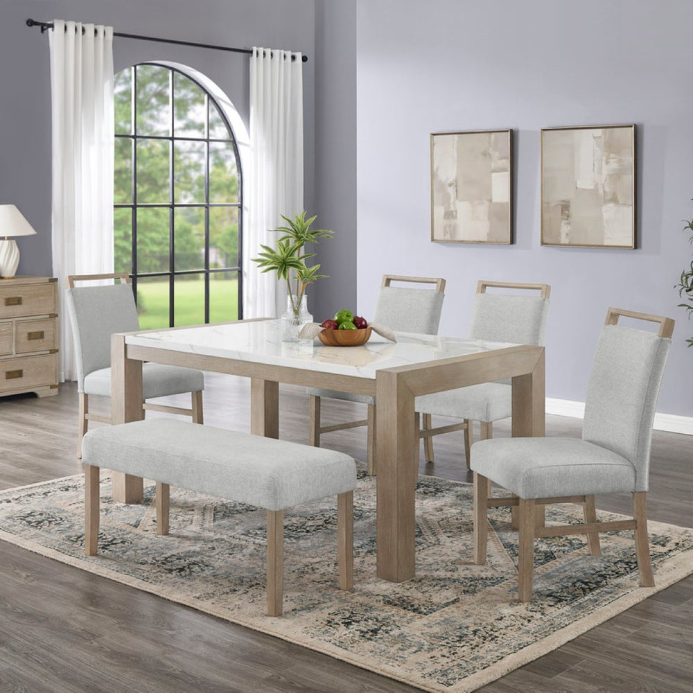 English Elm Louisa Six Piece Rectangular Faux Marble Dining Set with Oak Bench for Family Meals B2749S00313