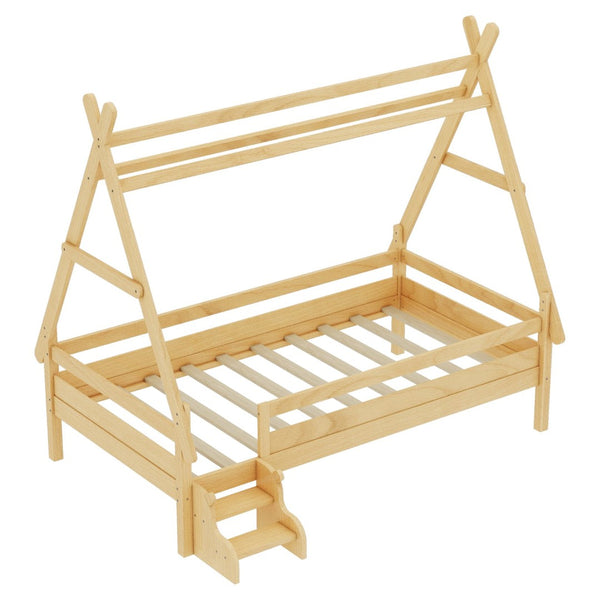 English Elm Twin House Shaped Platform Bed Solid Pine Frame with Built in Stairs for Kids W1580P354719