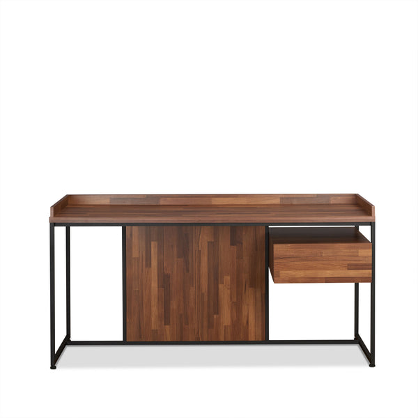 English Elm Walnut Modern Writing Desk with Drawer and Sandy Black Sled Base—Spacious 62" Surface, Stylish Office centerpiece B062P215486