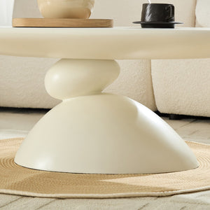 English Elm 47.27" Lucky Stone Oval CoffeeTable with Sculptural Stacked Pebble Base, Minimalist Fiberglass Centerpiece Milk White W2664S00045