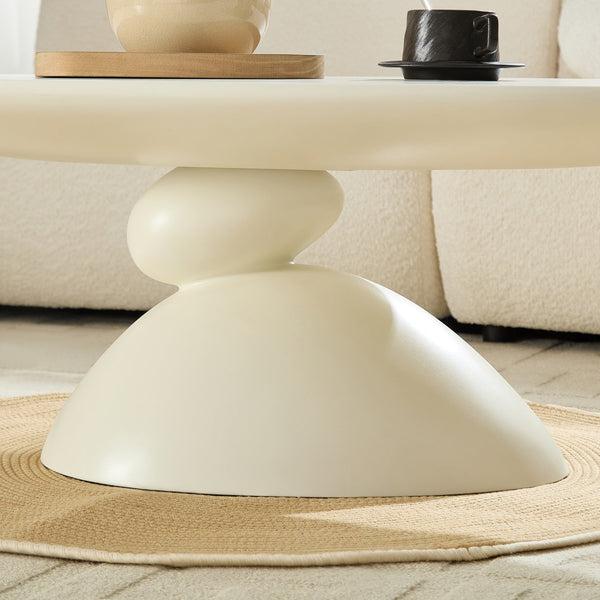 English Elm 47.27" Lucky Stone Oval CoffeeTable with Sculptural Stacked Pebble Base, Minimalist Fiberglass Centerpiece Milk White W2664S00045