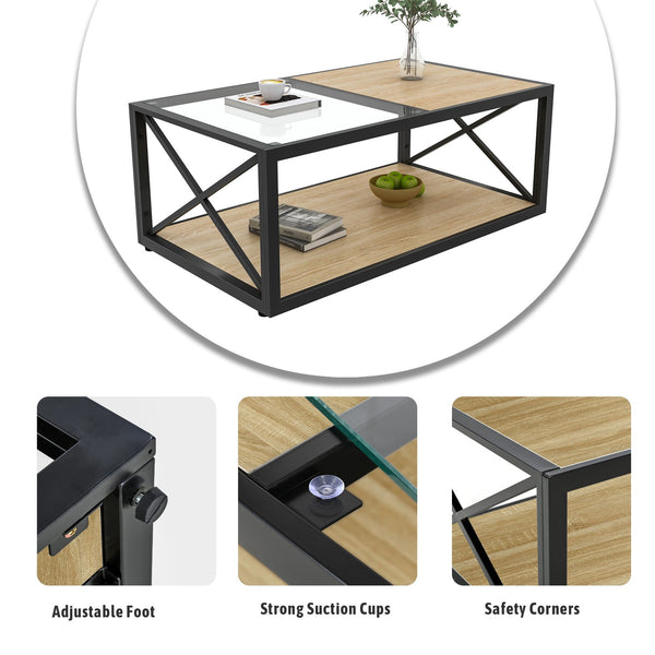 English Elm Modern coffee table with tempered glass and MDF top, industrial X-frame design, sturdy metal frame, ample storage and easy-clean surfaces for living room seating areas Natural Wood W241P246907