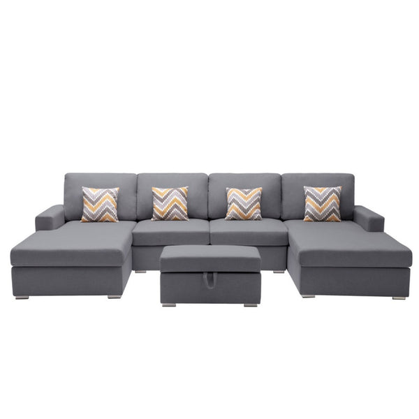 English Elm Nereo Gray Linen Double Chaise Sectional with Storage Ottoman for Spacious Living B2749S00126