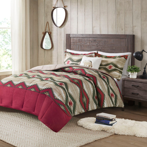 JLA Home Woolrich - Down Southwest-Inspired Comforter Set with Sherpa Bear Pillow, OEKO-TEX, Softspun Flannel Feel Red WR10-3861