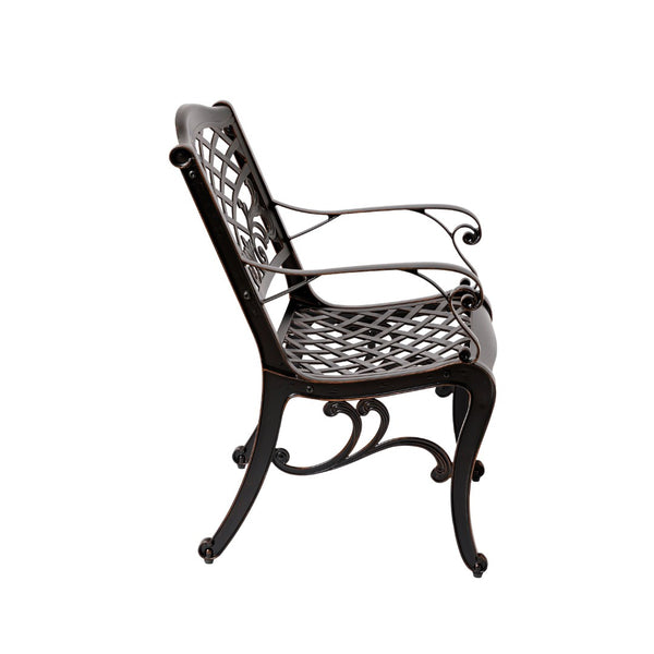 English Elm Phoenix Cast Aluminum Outdoor Dining Arm Chairs Ornate Lattice Scroll Garden Patio Set Copper N776P381164C