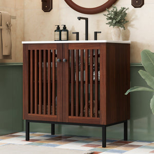English Elm Christopher Knight Home® - 30" Vintage Bathroom Vanity with Rectangle Ceramic Sink, Rubber Wood Legs, Soft-Close Doors, Adjustable Shelves Antique brown,Dark Brown N817P245324B