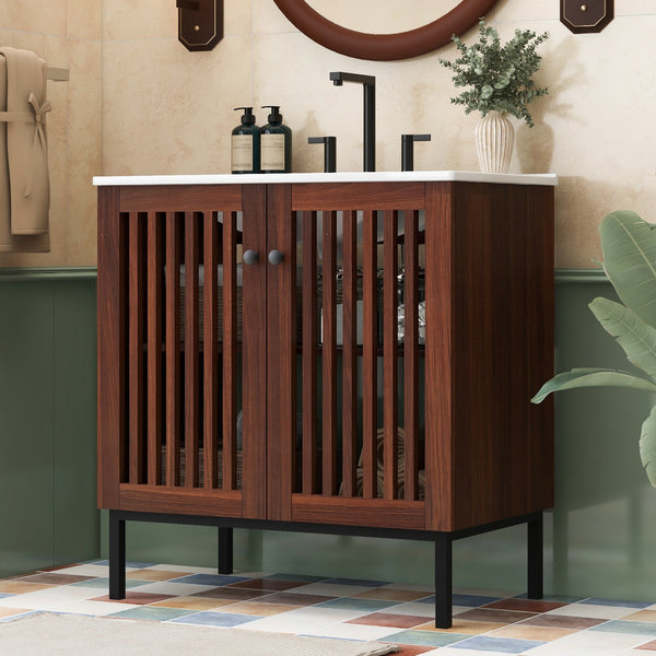 English Elm Christopher Knight Home® - 30" Vintage Bathroom Vanity with Rectangle Ceramic Sink, Rubber Wood Legs, Soft-Close Doors, Adjustable Shelves Antique brown,Dark Brown N817P245324B