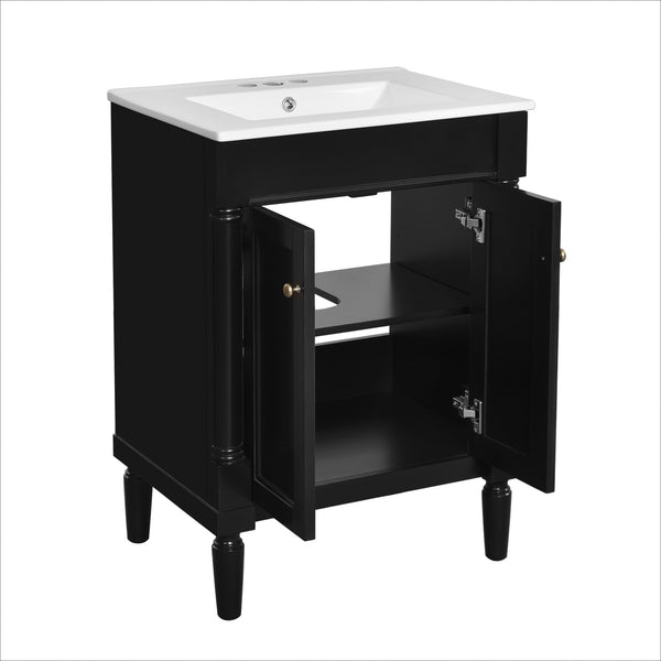 English Elm 24'' Modern Bathroom Vanity with Ceramic Basin, Solid Wood Frame, Soft-Close Doors, Ample Storage Black N710P190503B