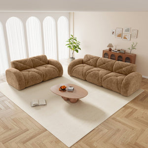English Elm Three Seater Chenille Sofa with Ottoman Solid Wood Base Tufted Arms Living Room Camel W714S01635