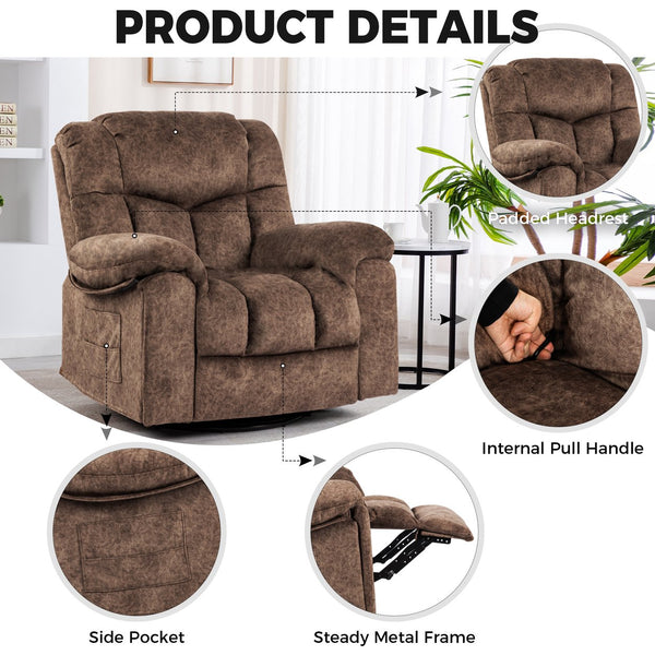 English Elm Swivel Recliner Chair with 8-Point Massage, Lumbar Heat, 360° Swivel, Rocking, USB & Cup Holders Brown W1403P172917