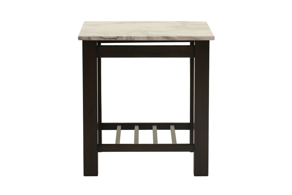 English Elm Contemporary 3pc Occasional Table Set Faux Marble Top Antique Walnut Finish Open Shelf Modern Design B011S01995