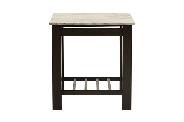 English Elm Contemporary 3pc Occasional Table Set Faux Marble Top Antique Walnut Finish Open Shelf Modern Design B011S01995