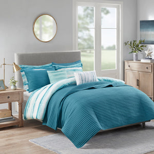 English Elm 8 Piece Seersucker Comforter & Quilt Set - Coastal-Inspired Aqua Bedding Collection For Full/Queen B03597256