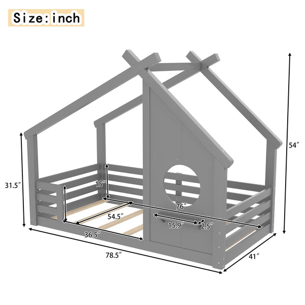English Elm Twin House Floor Bed with Window & Shelf, Solid Wood Pitched Roof Design for Safe Cozy Sleep Grey W1580P362683