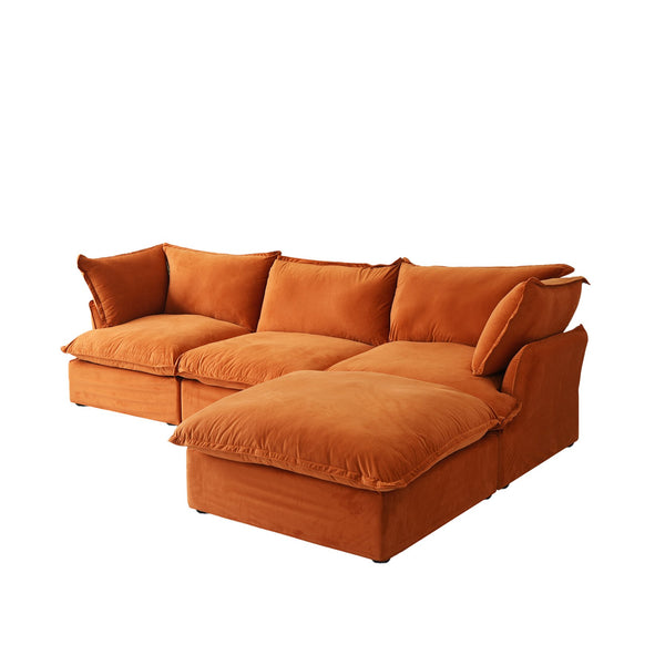 English Elm Sky Cloud Sectional Sofa with Cloud-Like Comfort, Modular L-Shaped Velvet Seating, Removable Covers, Storage Ottoman Orange B341S00020
