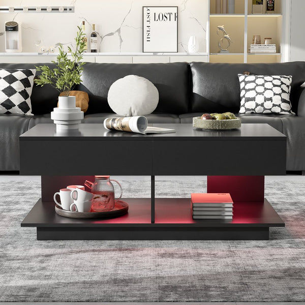 English Elm U-Can Extendable Coffee Table with Bluetooth 16-Color LED, Smooth Glide Top and Hidden Storage Space Black N724P290061B