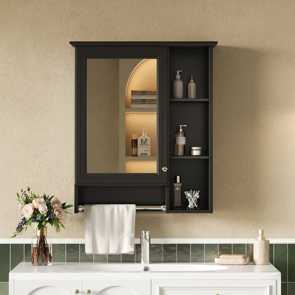 English Elm 3-in-1 Matte Medicine Cabinet Wall Mounted Mirror with Towel Bar and Storage Shelf Black N710P401340B