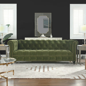 English Elm Jennifer Taylor Home - Alto Handcrafted 88" Tufted Chesterfield Sofa in Olive Performance Velvet with Nailhead Trim and Supportive Frame B2719P238299
