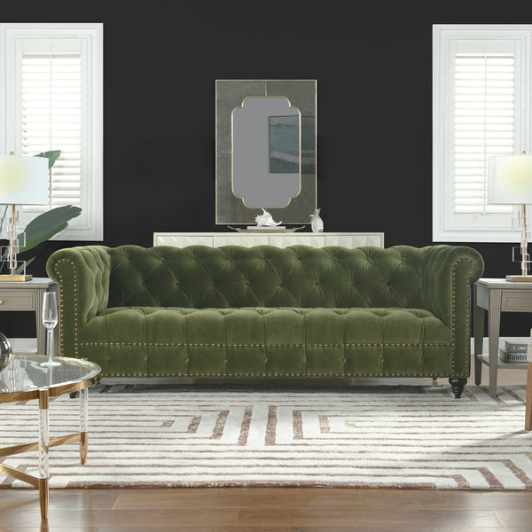 English Elm Jennifer Taylor Home - Alto Handcrafted 88" Tufted Chesterfield Sofa in Olive Performance Velvet with Nailhead Trim and Supportive Frame B2719P238299