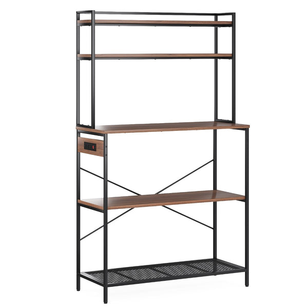 English Elm Large Five Tier Industrial Bakers Rack with Built in Outlets Microwave Stand Kitchen Organizer Walnut T3623P431208