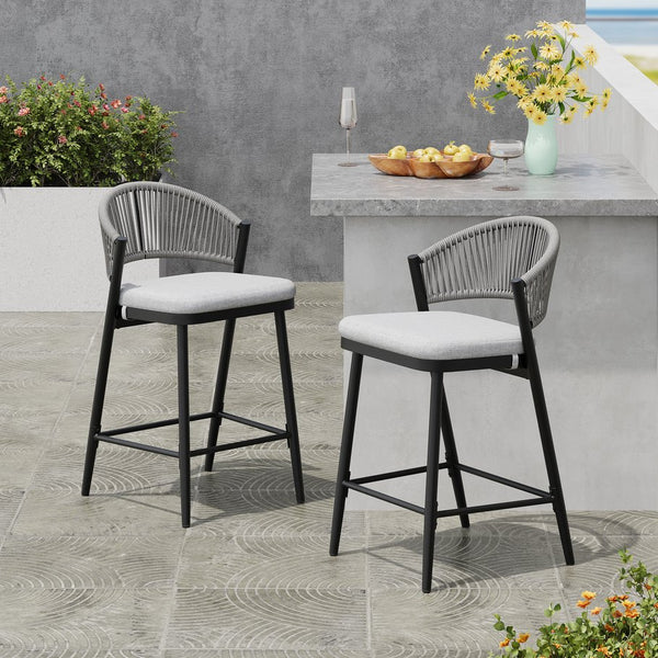 English Elm Christopher Knight Home® - Outdoor 26" High Metal Frame Counter Stools, Set Of 2 With Scallop Backrest & Cushions, Black Finish N772P245123B
