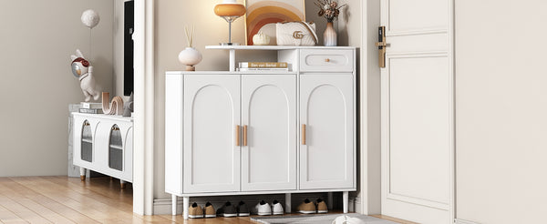 English Elm ON-TREND Elegant Arched Shoe Cabinet with Drawer and Adjustable Shelves, Stable Storage Sideboard for Entryway White WF321210AAK