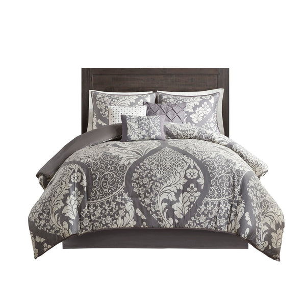 English Elm 7 Piece Cotton Printed Comforter Set - Elegant Grey King Bedding With Damask Design & Pillows B03597028