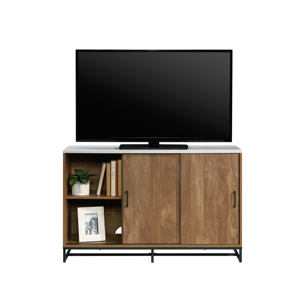 English Elm Credenza, Versatile Brown Finish Storage Cabinet With Adjustable Shelves & Modern Metal Base B356P402725