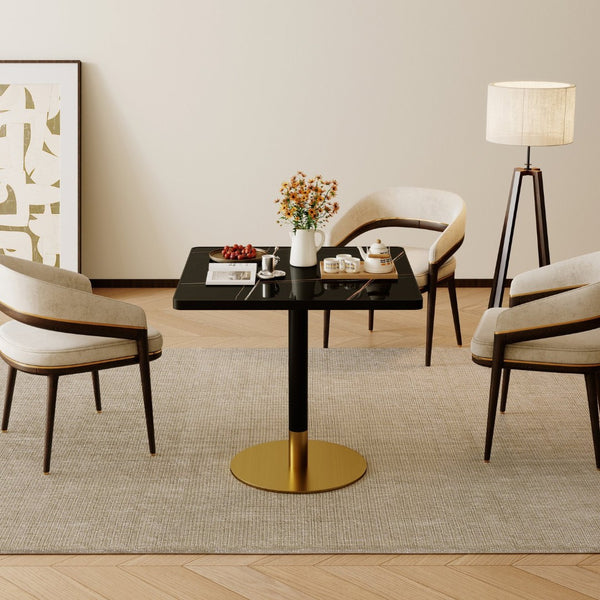 English Elm Square Bistro Pedestal Dining Table Faux Marble Top Tulip Base for Small Spaces Black+Gold W3316P457301